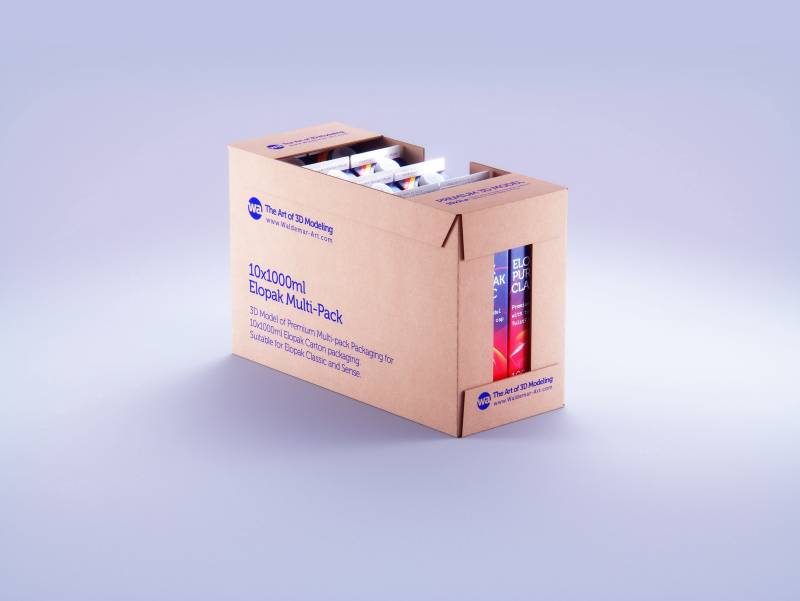 Premium multi-pack cardboard 3D model of 10x1000ml Elopak (Classic and Sense) carton packaging