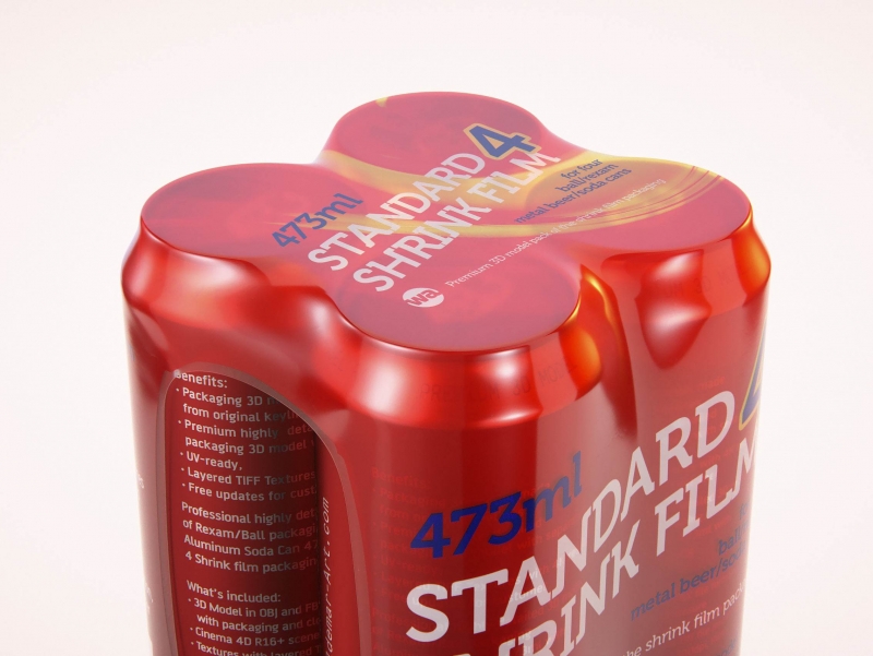 Premium packaging 3D Model of 4x473ml Standard Soda Cans in Shrink Film Wrap