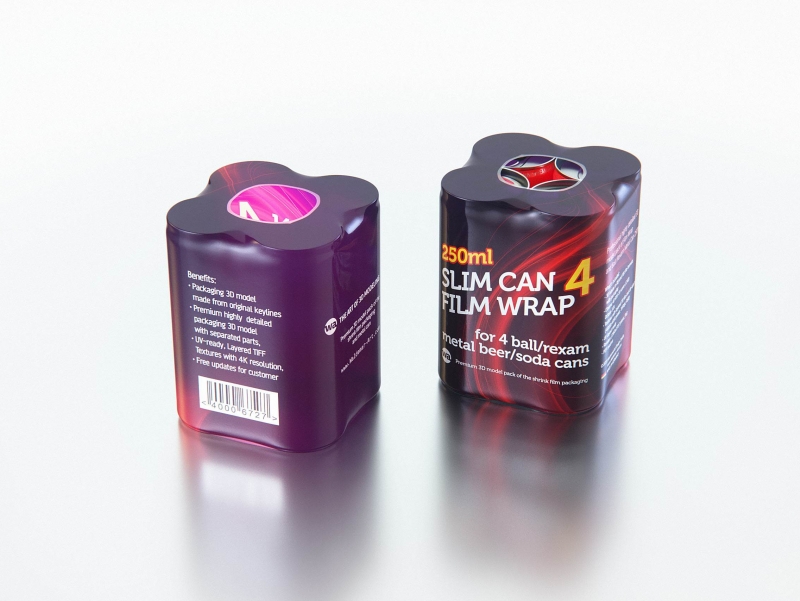 Premium 3D Model of 4x250ml Slim Soda Cans in Shrink Film Wrap