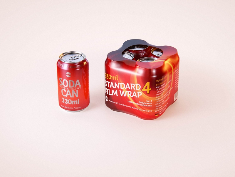 Premium packaging 3D Model of 4x330ml Standard Beer/Soda Cans in Shrink Film Wrap
