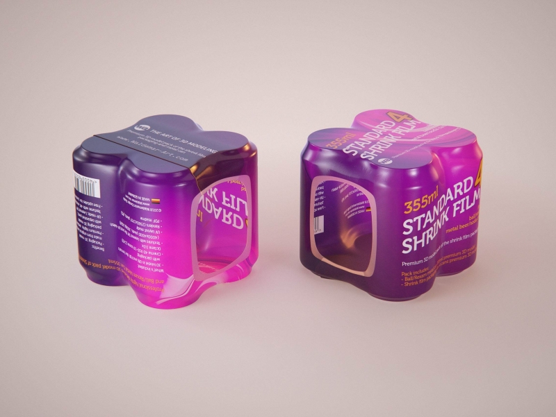 Premium packaging 3D Model of 4x350ml/355ml Standard Beer/Soda Cans in Shrink Film Wrap