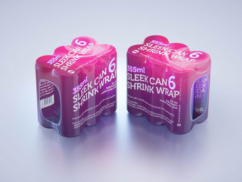 Premium packaging 3D Model of 6x350ml/355ml Sleek Soda Cans in Shrink Film Wrap
