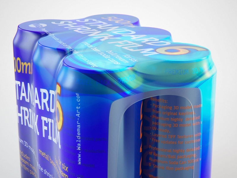 Premium packaging 3D Model of 6x500ml Standard Beer/Soda Cans in Smooth Shrink Film Wrap