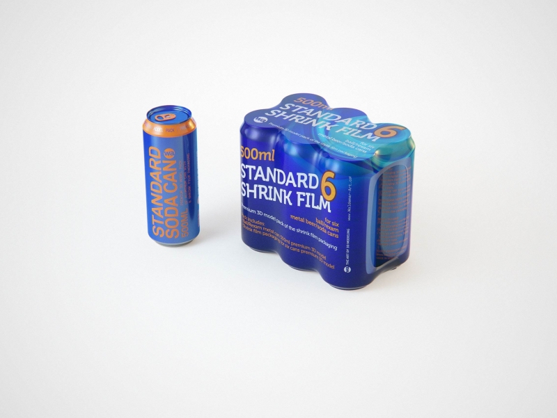 Premium packaging 3D Model of 6x500ml Standard Beer/Soda Cans in Smooth Shrink Film Wrap