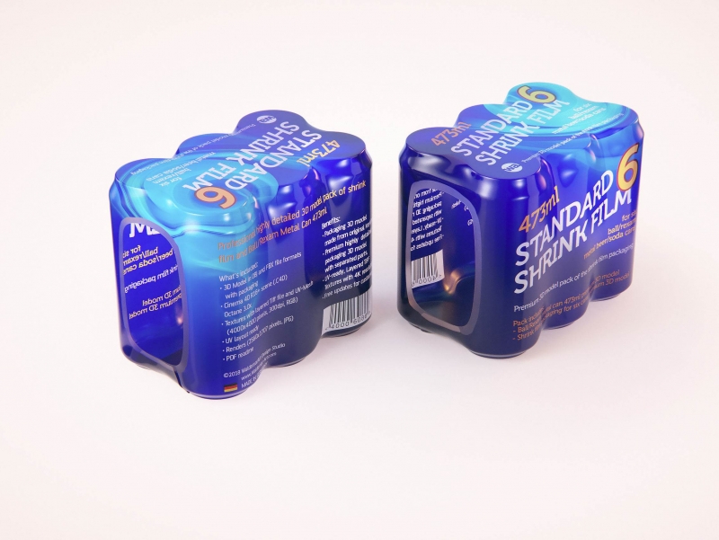 Premium packaging 3D Model of 6x473ml Standard Soda Cans in Shrink Film Wrap