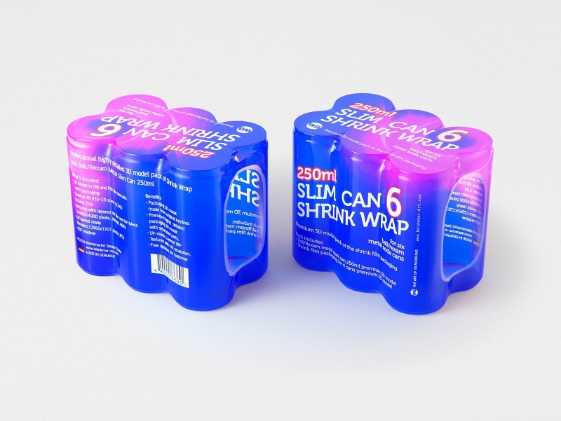 Premium 3D Model of 6x250ml Slim Soda Cans in Shrink Film Wrap