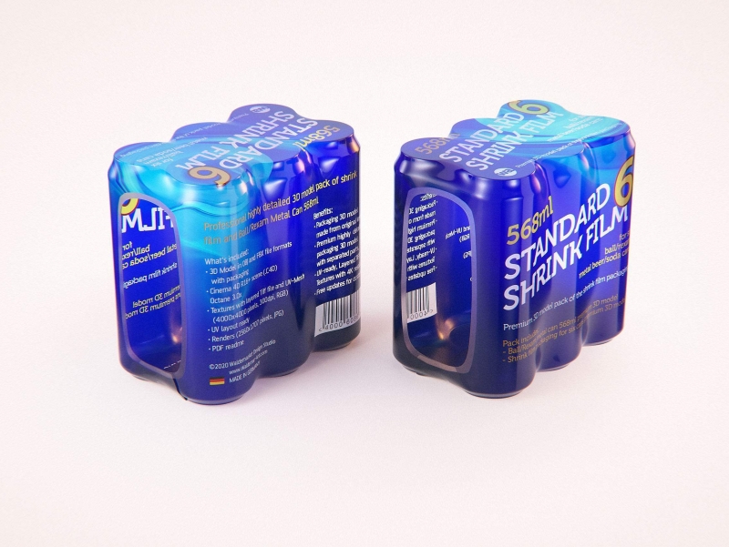 Premium packaging 3D Model of 6x568ml Standard Beer/Soda Cans in Shrink Film Wrap