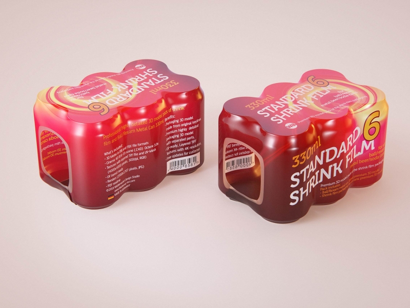 Premium packaging 3D Model of 6x330ml Standard Beer/Soda Cans in Shrink Film Wrap