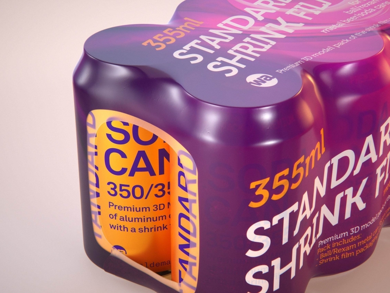 Premium packaging 3D Model of 6x350ml/355ml Standard Beer/Soda Cans in Smooth Shrink Film Wrap