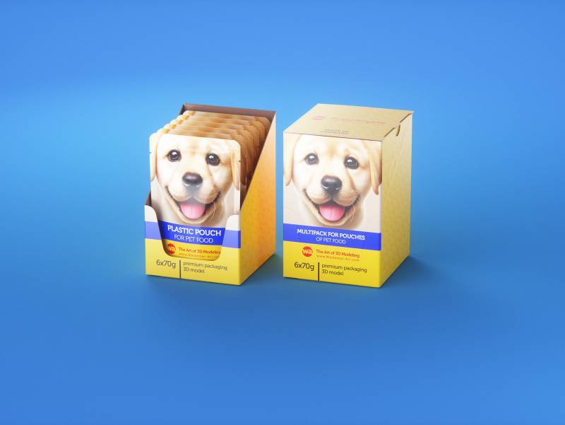 Premium 3D model of carton multi-pack packaging for 6x70g plastic pouches of pet food