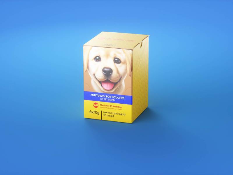 Premium 3D model of carton multi-pack packaging for 6x70g plastic pouches of pet food