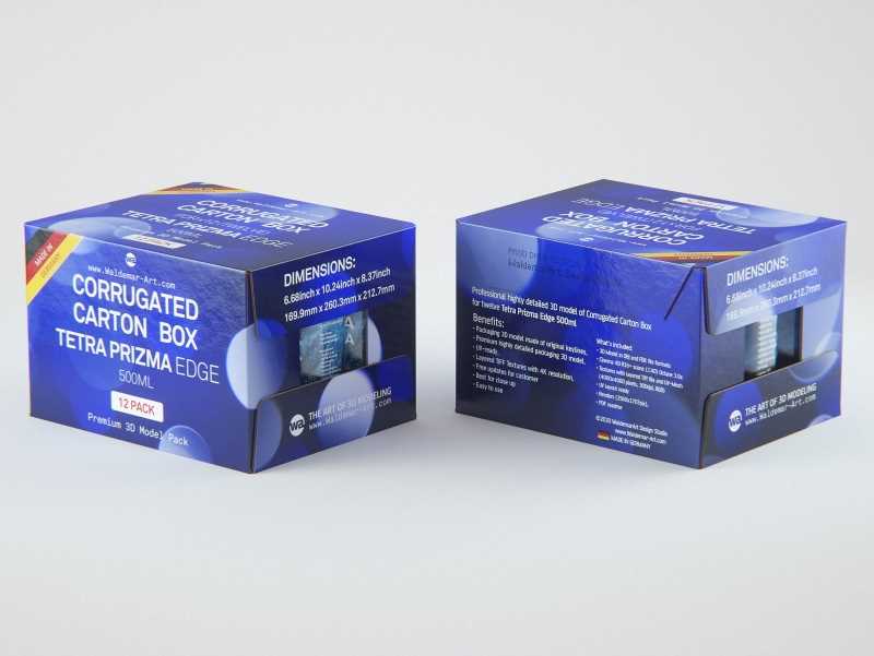 Premium Packaging 3D Model of corrugated cardboard box for 12x500ml Tetra Prizma Square or Prizma Edge