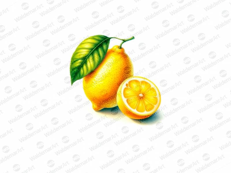 Premium Digital Watercolor Illustration featuring two lemons and one sliced lemon, with one green leaf