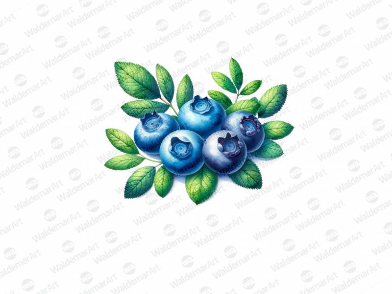 Premium Digital Watercolor Illustration of five blueberries with added green leaves, created in a realistic and detailed style