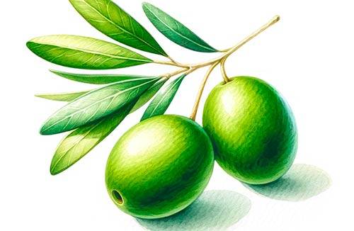 Premium Digital Watercolor Illustration of a single green olive and one black olive, surrounded by several tender leaves