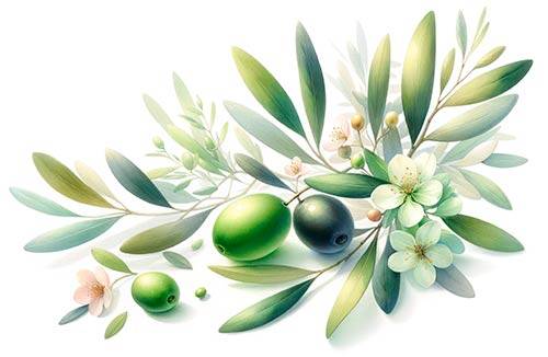 Premium Digital Watercolor Illustration with two green olives and one black olive with a shiny drop of olive oils