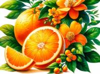 Whole Orange, sliced orange with Blossoms and leaves premium watercolor illustration