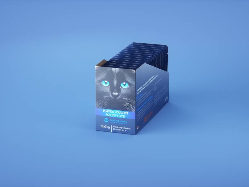 Premium 3D model of carton multi-pack packaging for 16x75g plastic pouches of pet food