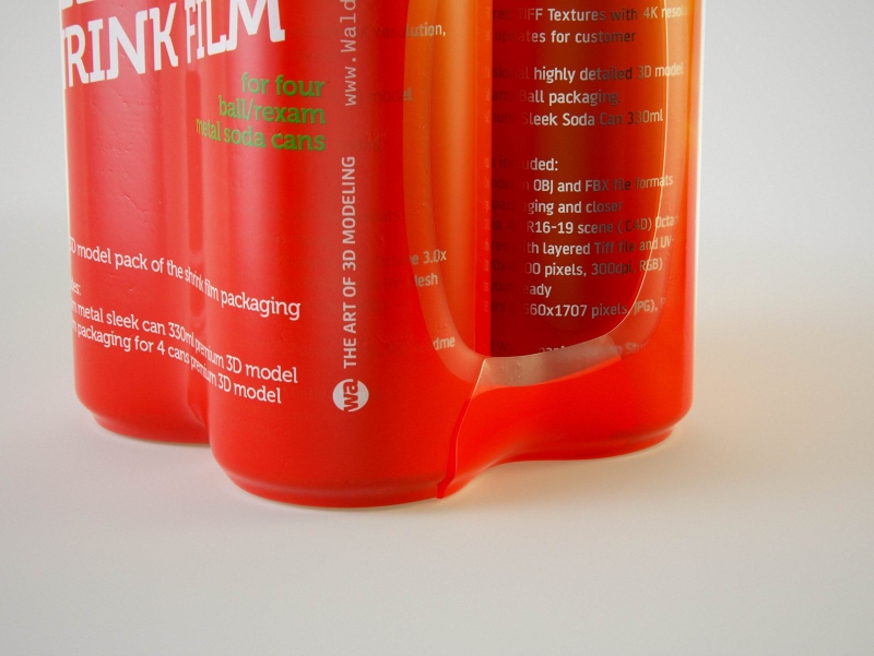 Premium packaging 3D Model of 4x330ml Sleek Soda Cans in Smooth Shrink Film Wrap