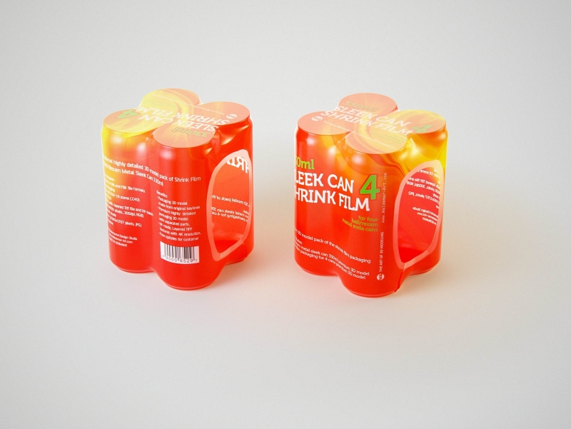 Premium packaging 3D Model of 4x330ml Sleek Soda Cans in Smooth Shrink Film Wrap