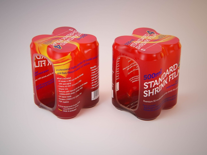Premium packaging 3D Model of 4x500ml Standard Beer/Soda Cans in Shrink Film Wrap