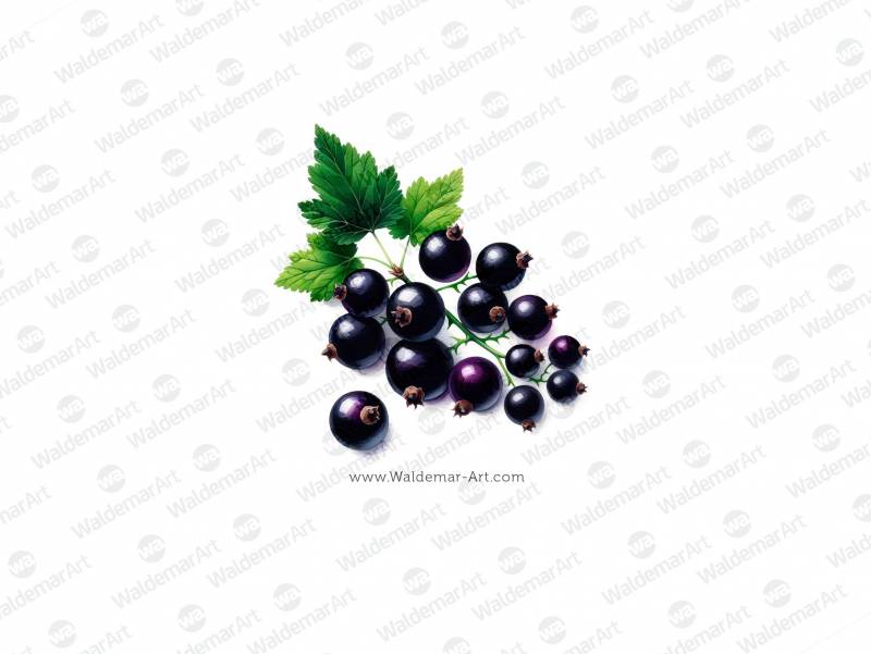 Digital Watercolor Illustration of Black Currant berries in a minimalist style with leave