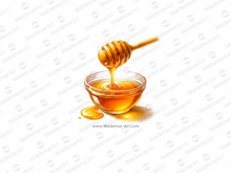 Honey flowing from a wooden honey dipper into a small glass bowl premium digital watercolor illustration