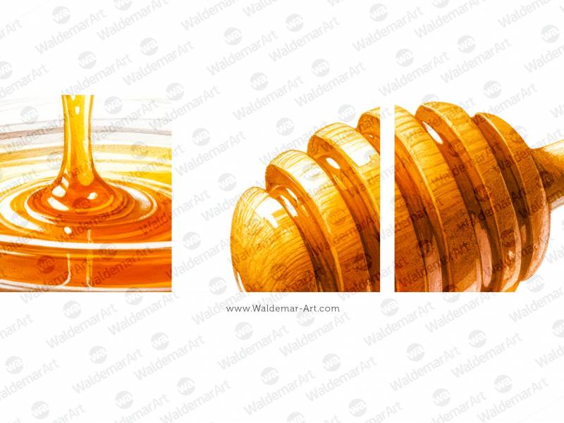 Honey flowing from a wooden honey dipper into a small glass bowl premium digital watercolor illustration