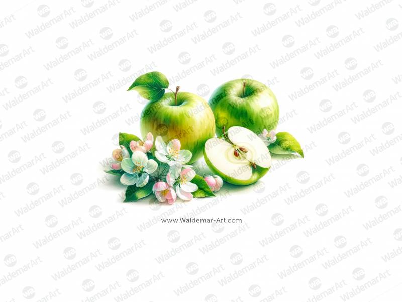 Three green apples with a slice of a green apple, and some apple blossoms premium digital watercolor illustration
