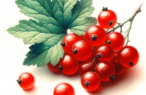 Watercolor Illustration features red currants in a minimalist style with a medium-sized leaf