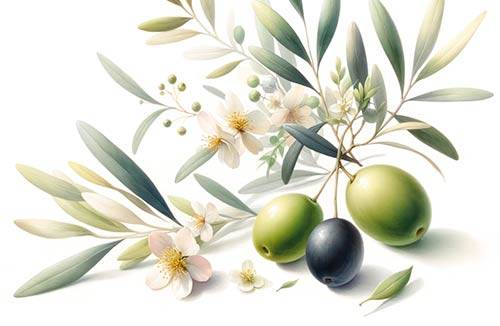 Premium Digital Illustration of a gently bent olive branch with three olives and olive blossoms