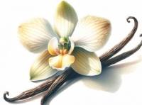 Premium Digital Watercolor Illustration with a single vanilla orchid and two vanilla sticks on a white background.